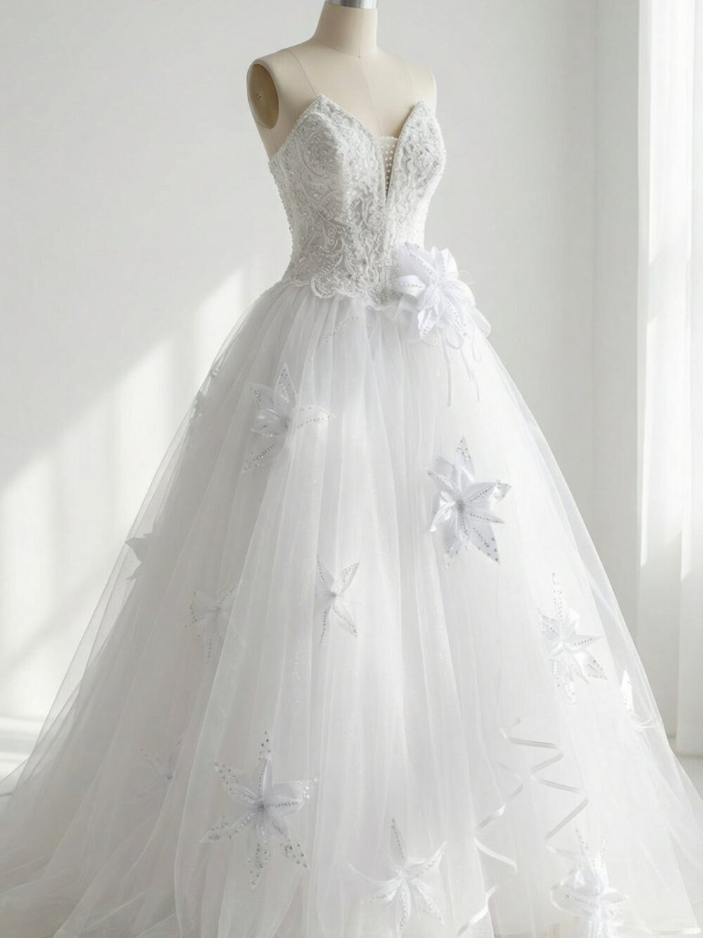 Luxury Couture Embroidered Crystals 3D Lilies Flowers Runway Wedding Dress Gown